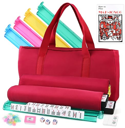American Mahjong Tile Set – 166 White Tiles, 4 All-in-One Color Racks with Pushers, 3 Dice, Portable Red Carrying Bag – Complete Mahjong Game Set