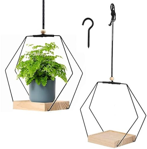 SEAHUI Ceiling Hanging Plant Pot Holder with Wooden Base, Hanging Plant Basket Holder with Hooks Plant Pot Hangers for Indoor Outdoor Home Decoration (Hexagonal)