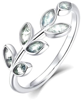 Eleganter Damenring mit Blattmotiv, Sterling Silber, Moosachat Grüne Steine, Verstellbare Größe