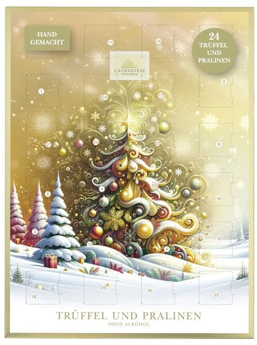 Lauenstein Confiserie Pralinen Adventskalender Weihnachtsbaum gold, 24 handgefertigte Pralinen ohne Alkohol, 300g, mit 12 verschiedenen Pralinensorten, Weihnachtskalender zum Aufstellen