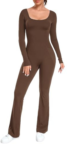 Ecupper Jumpsuits Damen Yoga Bodycon Einteiler Zip Up Overall U-Ausschnitt Rompers Langärmelig Schlaghosen Workout Outfit Braun XL