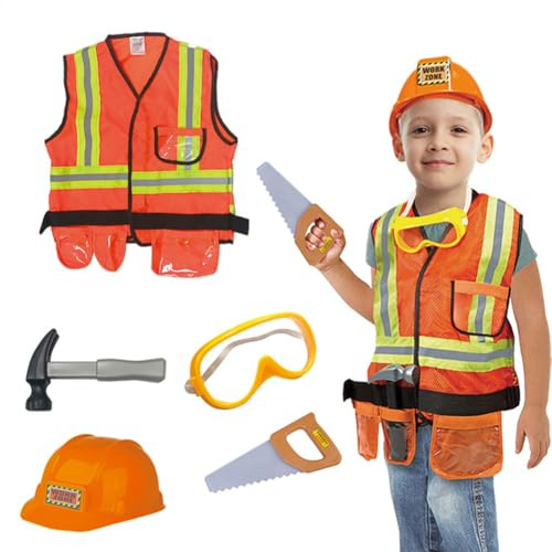 Construction Workeer Costume – 5 Piece Builder Outfit, Engineering Role Play Set | Career Day Party Dress Up Uniform With Jacket Hat Goggles Badge Saw For Kids