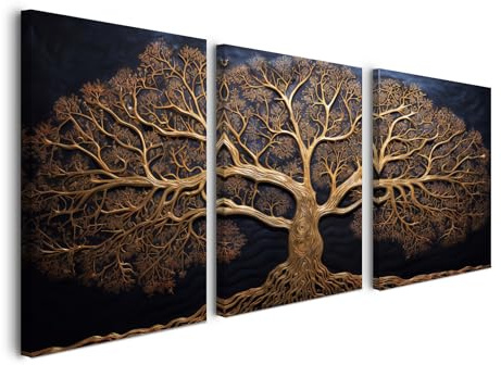 3er Set Wandbild mit Rahmen 30×40 cm – Gold Baum Natur Leinwandbilder Botanical Print für Wohnzimmer Schlafzimmer Küche Flur Büro – Wanddeko mit Rahmen, inkl. Haken, Nägel & Magischem Klett zur