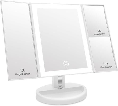 Auxmir Kosmetikspiegel mit LED Beleuchtung, Faltbar Schminkspiegel 1X/5X/10X Vergrößerung, Spiegel mit Dimmbare Helligkeit, Unterstützt USB/Batterie