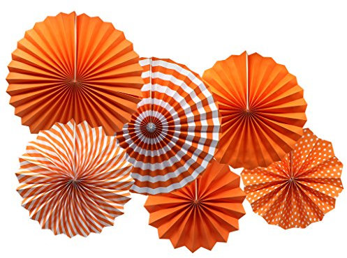 Party Hanging Paper Fans Set, Orange Round Pattern Paper Girlanden Decoration for Birthday Wedding Graduation Events Accessories, Set of 6