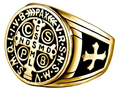 BOBIJOO JEWELRY - Siegelring Ring Kreuz St. Benedikt, Patinierte Gold - 19,1 (9 US)