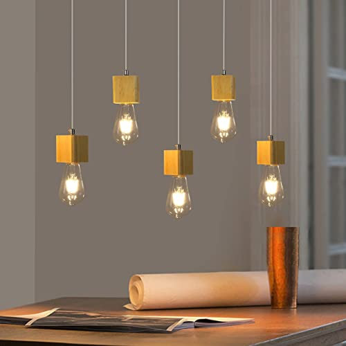 GBLY Pendelleuchte Holz Esstischlampe - 5 flammig Vintage Hängelampe Esstischlampe Hängeleuchte E27 Pendellampe für Esszimmer Küchen Wohnzimmer Restaurant Bar Ohne Leuchtmittel