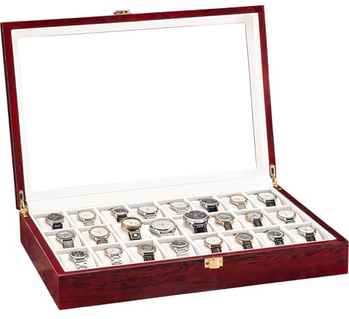 Fosinz Uhrenbox mit 24 Fächern, aus Holz, für Männer und Frauen, Glasplatte, Sammelbox, Schmuckaufbewahrung, Organizer, Aufbewahrungsbox, Geschenke (42,4 x 29 x 8 cm, helles Mahagoni-Rot)
