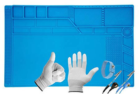 Minadax XXL Lötmatte, 55 x 35cm Große Silikonmatte + Handgelenkschlaufe + Handschuhe, 500°C Hitzebeständige Reparaturmatte, Rutschfest