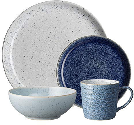 Denby - Studio Blue Dinner Set for 4-16 Piece Ceramic Tableware Set Blue, White Colour - Dishwasher Microwave Safe Crockery - Includes 4 x Dinner Plates, Small Plates, Cereal Bowls, Coffee Mugs