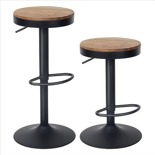 YOUNIKE Wooden Bar Stools Set of 2 Adjustable Counter Height Barstools, Round Breakfast Vintage High Bar Chairs Rustic Swivel for Home Kitchen, Easy to Assemble, Brown and Black