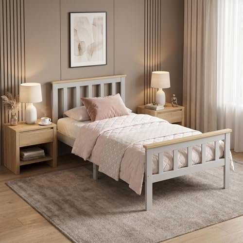 Panana New Single Bed Frame 3FT White Solid Pine Wood Bed for Adults, Kids, Teenagers (Grey+Wood)