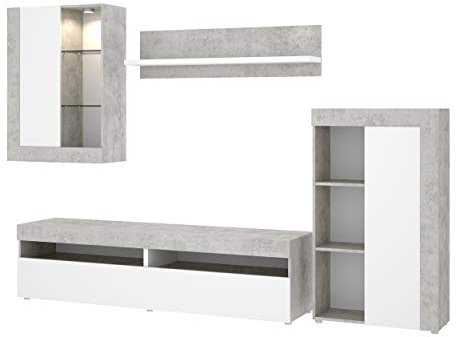 DEKIT GRUPO RIMOBEL TOKIO - MUEBLE DE SALON TV CON VITRINA Y LEDS - 180x265x42 cm - BLANCO / CEMENTO
