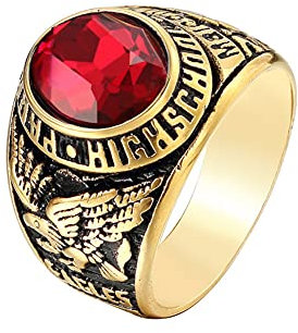 HIJONES Herren Edelstahl High School Class Ring mit fliegendem Adler Roter Edelstein Größe 57