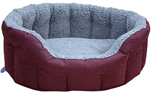P&L Premium Oval Drop Fronted Bolster Style Heavy Duty Fleece Lined Softee Dog Bed Colour Red Wine/Silver Size Large—Internal L76cm X W64cm X H24cm / Base Cushion 8cm thickness