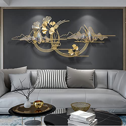 AOTTSD Golden 3D Blätter Wandbilder Wanddeko Metall Wohnzimmer Schlafzimmer, Modern Groß Schmiedeeisen Ginkgo Wanddekoration Wandobjekt Wandschmuck Handgemachte Wandskulpturen, 150 × 59 cm