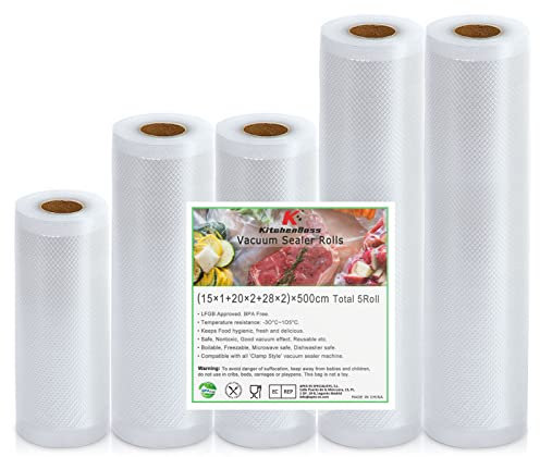 KitchenBoss Sac Sous Vide Alimentaire: 5 Rouleaux Sous Vide 15X1/20x2/28x2/500cm, Sans BPA, Libre De Couper, Durable, Compatible, Stockage Des Aliments, Surgelés Au Micro-Ondes, Cuisson Sous Vide
