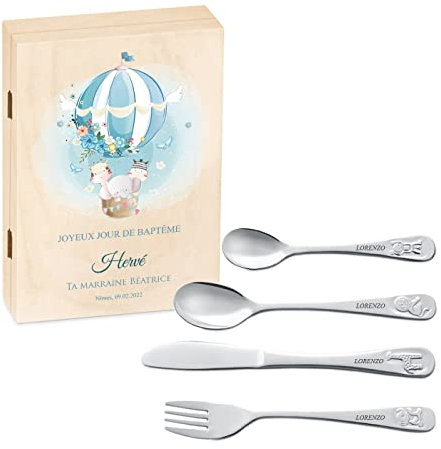 Maverton Set de couverts enfant - cadeau personnalisé pour garçon - Coutellerie dans coffret imprimé - Couverts Thème Animal - Cadeau bapteme garcon - Cadeaux bébé - Couvert bebe - AÉROSTAT