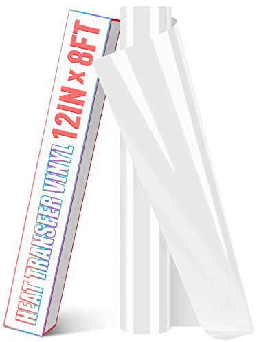 HTVDIY Heat Transfer Vinyl Roll - 12In x 8Ft White HTV for T-Shirts, White Iron on Vinyl Roll -Easy to Cut Permanent HTV for Bag, DIY on Fabric, Clothing