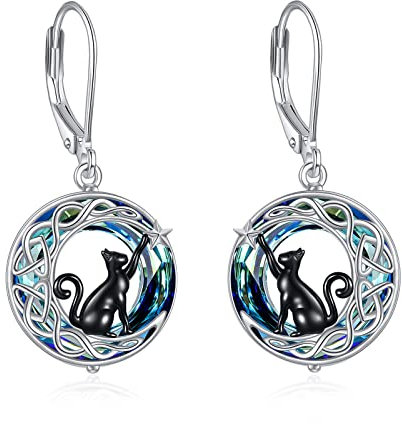 VONALA Katze Ohrringe Hängend 925 Sterling Silber Keltisch Mond Kristall Schmuck Geschenke für Damen und Mädchen (Blau)