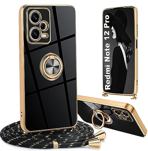 Ptny Funda con Xiaomi Redmi Note 12 Pro 5G, con Soportes 360 ° Anillo Titular Funda Protectora, a Prueba de Golpes de Silicona TPU Chapado,Redmi Note 12 Pro con Correa de Cadena de teléfono