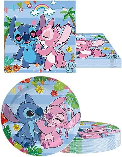 Menipros Stitch Birthday Party Supplies Stitch Party Tableware Sets Includes 20 Plates and 20 Napkins Serves 20 Guest