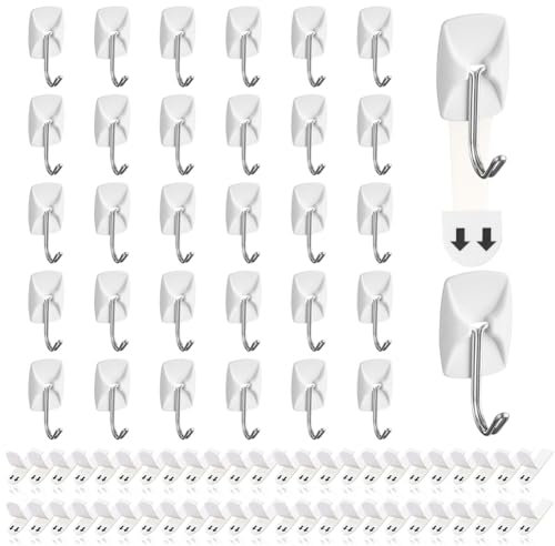 Ainiv Small Wire Toggle Hooks, 32 Small White Wall Hooks with 48 Adhesive Strips, Damage-Free Utility Hooks, No Tools Hanging Hooks Heavy Duty for Home Kitchen Office School Dorm Organizers