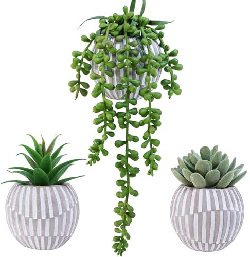 Winlyn Confezione da 3 piante grasse artificiali in vasi di cemento geometrici grigi con filo di perle finte di aloe Echeveria, mini piante grasse finte in vaso, per scrivania, tavolo, mensola, casa,