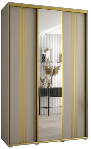 MEBLE KRYSPOL Dakota 7 Schrank mit DREI Schiebetüren - Moderner Kleiderschrank mit Spiegel, Kleiderstange und Regalen - 235,2x150x45cm - Kaschmir Gold