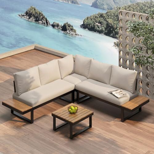 KUAKE Gartenmöbelset mit Sofa und Couchtisch, Balkonmöbel mit Eckposition und Winkelverstellbarer Liegefunktion, Lounge Möbel Outdoor mit Cushion, Verzinkte Stahlrohre(Schwarz+Beige)