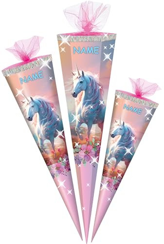 alles-meine.de GmbH Schultüte - mit 3D Glitzer - Effekt ! - Einhorn & Blumen - 50-85 cm - Größe wählbar - inkl. Name - Zuckertüte - Tüll Abschluß - eckig/rund - klein & groß ..