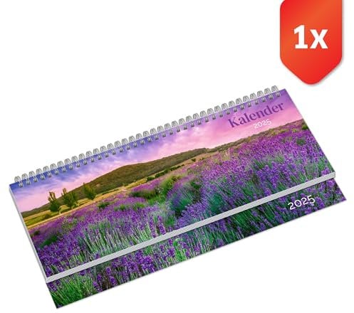 PRIMUS PRINT Tischkalender 2025 Quer Wochenkalender – 112 Seiten Terminkalender und Jahreskalender, – 297x130mm, 75g Naturpapier, Drahtkammbindung, Feiertage und Schulferien - [Einzeln - Lavendel]