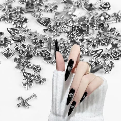 100Pcs Nail Charms Metal Punk Retro Cross Mixed Shape 3D Y2k Art Rivet Accessories Halloween Jewels Decoration for Women Girls Nail Face Decoration Makeup Ornaments DIY Design Gothic Rose (Silver)