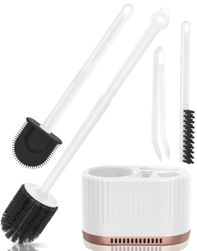 Vusmer Toilet Brush with Holder, Toilet Brush Replacement Head, Silicone Toilet Brush Wall Mounted Non Porous, Slit Cleaning Brush, Edge Cleaning Brush, Tweezers (white)