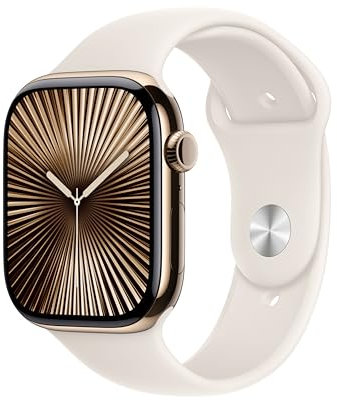 Apple Watch Series 10 (GPS + Cellular 46 mm) Smartwatch mit Titangehäuse in Gold und Sportarmband in Polarstern (S/M). Fitnesstracker, EKG App, Always-On Retina Display, Wasserschutz