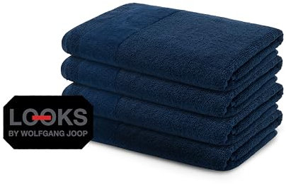 LOOKS BY WOLFGANG JOOP 4X Handtuch 50x100 cm – 100% Baumwolle Luxus Handtücher mit Aufhänger & Logostick, 4er Set Handtücher blau