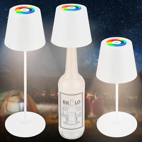 BRILONER - 3 in 1 RGBW LED Tischlampe kabellos IP44 mit Touch, stufenlos dimmbar, Akku & Lichtquelle tauschbar, Nachttischlampe, LED Lampe, Akku Tischleuchte, Weinlampe, Flaschenlampe Aufsatz, Weiß