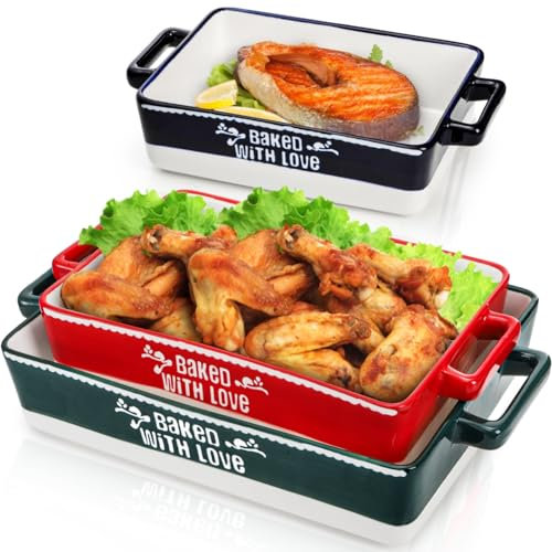 Tlence 3 Pack Ceramic Bakeware Set, 12 x 8.3 x 2.8 Rectangular Baking Dish, Deep Lasagna Pan with Handles for Oven, Casserole Serving Dishware for Cooking Cake Dinner, Banquet and Daily Use