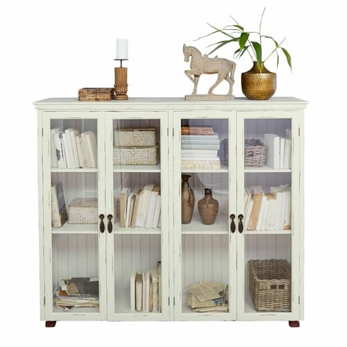 Loberon Schrank Eastbridge, Zeitloser Landhausstil, Rückwand in Latten-Optik, Verschließbar, Antik-Finish, Vitrine, Aufbewahrung, Kiefernholz, Glas, Eisen, antikweiß