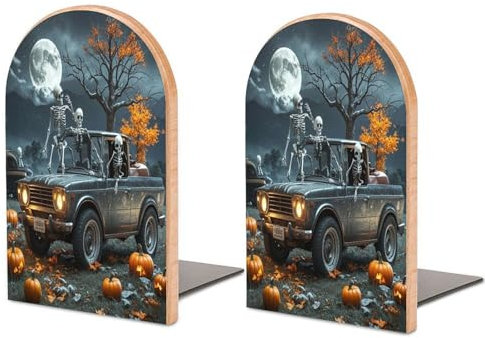 Buchstützen aus Holz, Motiv: Mond und Auto, Schreibtisch-Buchstützen, dekoratives Bücherregal, robuste Buchstütze aus Holz (1 Paar)