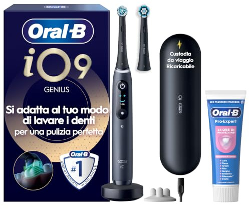 Oral-B iO 9 Spazzolino Elettrico, 2 Testine di Ricambio, Custodia, Nero