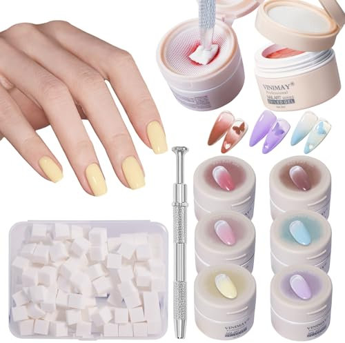 MKNZOME 6 Colors Solid Cream Gel Nail Polish Kit, Nail Polish Pink Blue Yellow Purple with Grabbing Pen, 100 Mini Soft Sponges, Ombre Effect, DIY Nail Art Beginner Design Nail Accessories