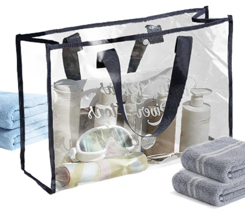 Bolso grande transparente de PVC para estadio, gimnasio, piscina, bolsa transparente con ribete de tela, impermeable para eventos deportivos, viajes y actividades al aire libre, Negro , ver