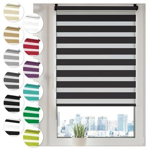 Doppelrollo Klemmfix ohne Bohren 75cm x 100cm Schwarz Duo Rollo Klemmrollo Sonnenschutzrollo Fensterrollo für Fenster & Türen Zebrarollo Seitenzugrollo