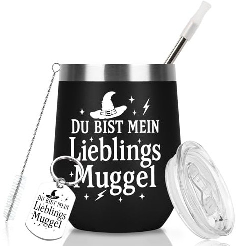 Diztoud Lustige Harry Geschenke, Du bist mein Lieblingsmuggel, Weihnachtsgeschenke für Fanartikel, Freunde, Männer, 350ml Doppelwandig Edelstahl Weinbecher mit Deckel und Strohhalm, Schlüsselanhänger