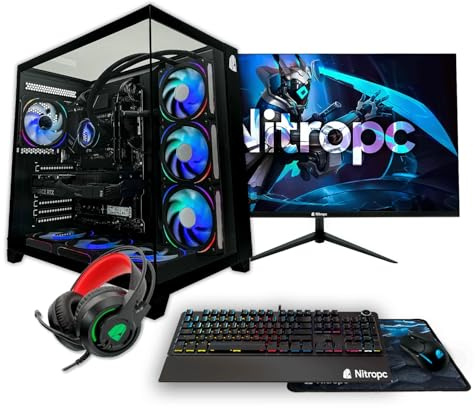 NitroPC - Pack Gold Plus v2 | PC Gaming completo (AMD Ryzen 7 5800X 3.8GHz, RTX 5060 8GB, RAM 32GB, M.2 2TB, Windows 11, RGB | WiFi, monitor 24, tastiera, mouse, cuffie) Computer fisso (Nero)