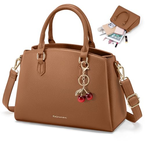 RAINSMORE Handtasche Damen Mittelgroß PU Leder Henkeltaschen Damenhandtasche passt 11 Zoll Tablet Umhängetaschen mit Abnehmbar Schulterriemen Handtaschen für Shopper Büro Arbeit Braun
