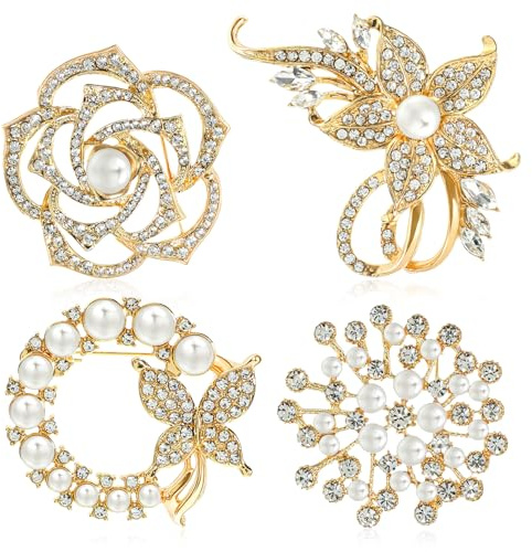 4 Stück Gold Brosche Damen Kristall Perle Blume Broschen Mit Strass Und Perlen Elegante Golden Girlande Broschen Pin Vintage Brooch Clip Für Schal Mantel Kleidung Kleider
