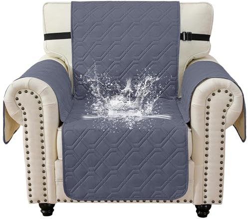 YSTELLAA Couchüberwürfe 1 Sitzer Mit Armlehnen, Graublau | Sofa Überzug Rutschfest Mit Seitentaschen, Sofaüberwürfe Dicke, Sofa Cover Für Haustier Katzen Hunde