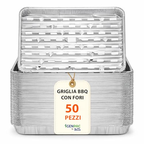 GM - 50 Griglie BBQ in Alluminio con Fori 34,6×22,8 cm, Griglie Usa e Getta per Barbecue e Forno, Ideali per Carne, Pesce e Verdure, Fondo Ondulato Antifiamma